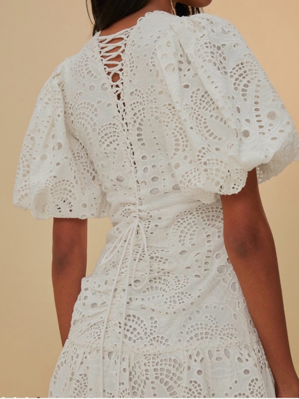 Farm Rio White Eyelet Tiered Midi Dress with Puff Sleeves Large - Picture 4 of 11